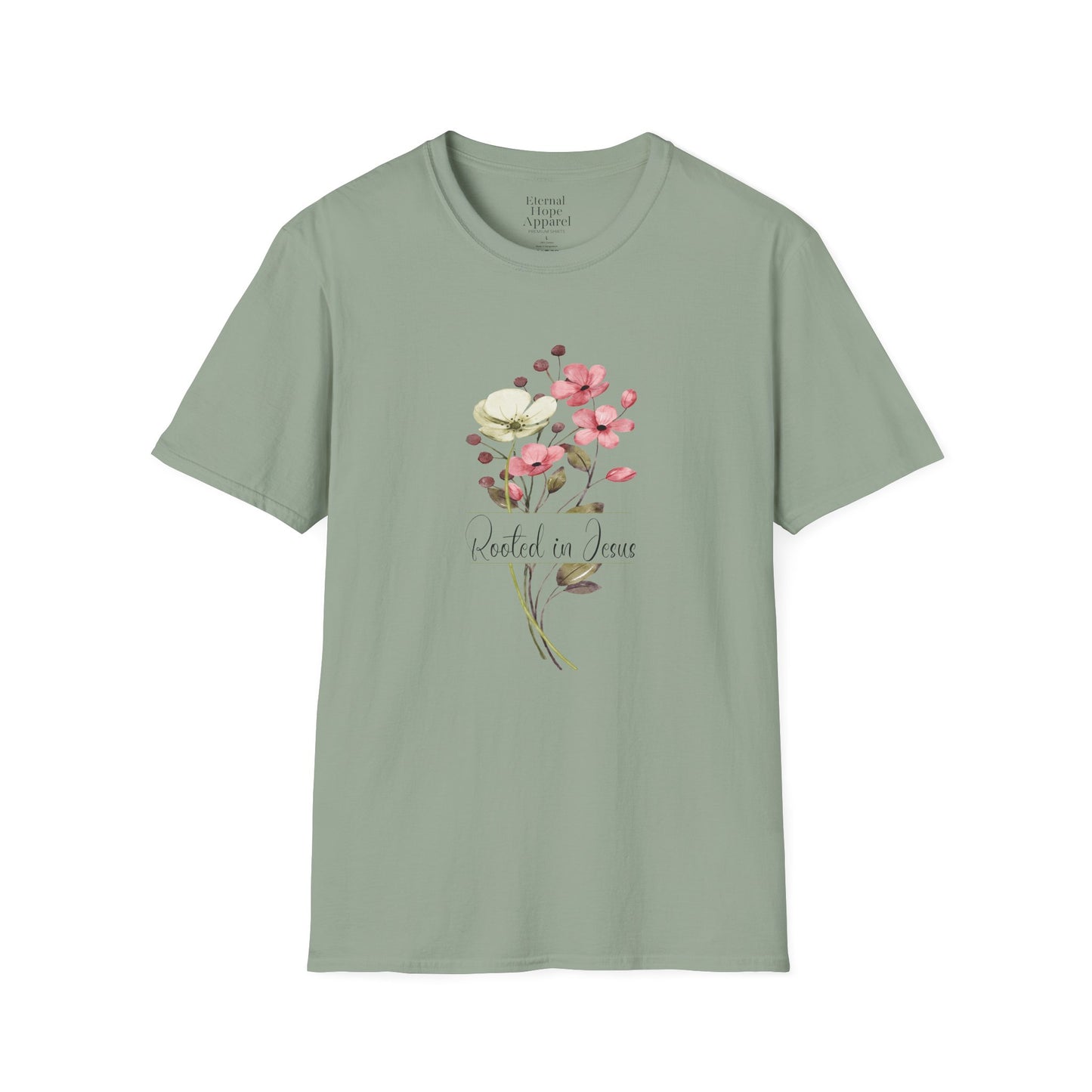 Rooted in Jesus Floral T-Shirt - Unisex Softstyle Tee for Faith and Comfort