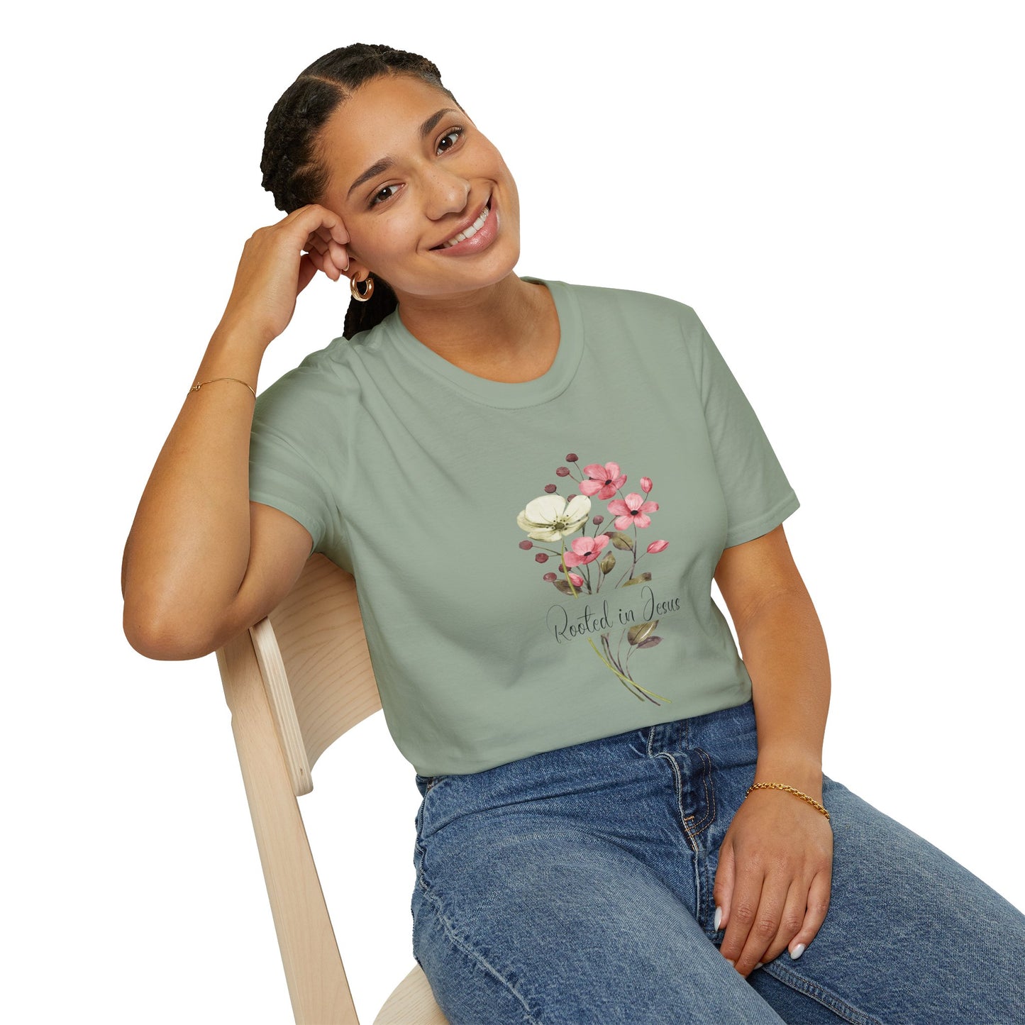 Rooted in Jesus Floral T-Shirt - Unisex Softstyle Tee for Faith and Comfort