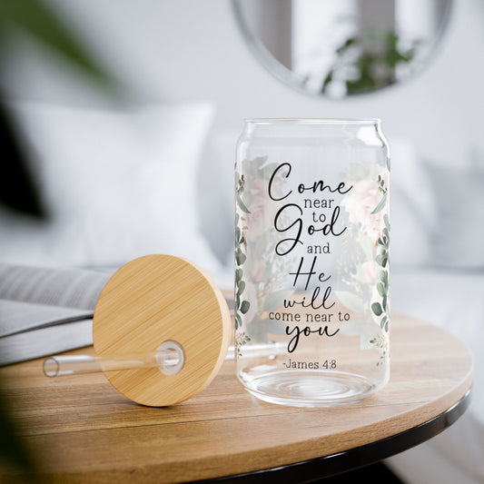 Come near to God Floral Inspirational Sipper Glass - 16oz with Bamboo Lid & Straw