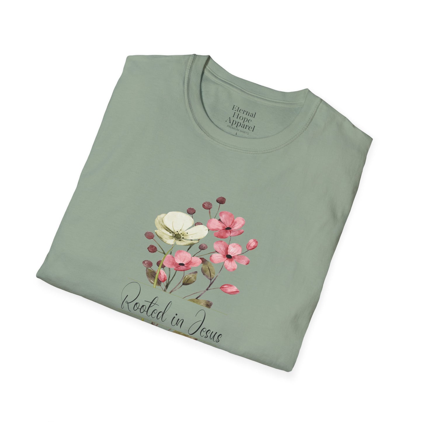 Rooted in Jesus Floral T-Shirt - Unisex Softstyle Tee for Faith and Comfort