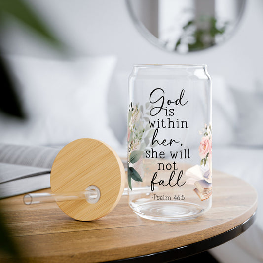 God is with in her Floral Inspirational Sipper Glass - 16oz with Bamboo Lid Psalms 46:5