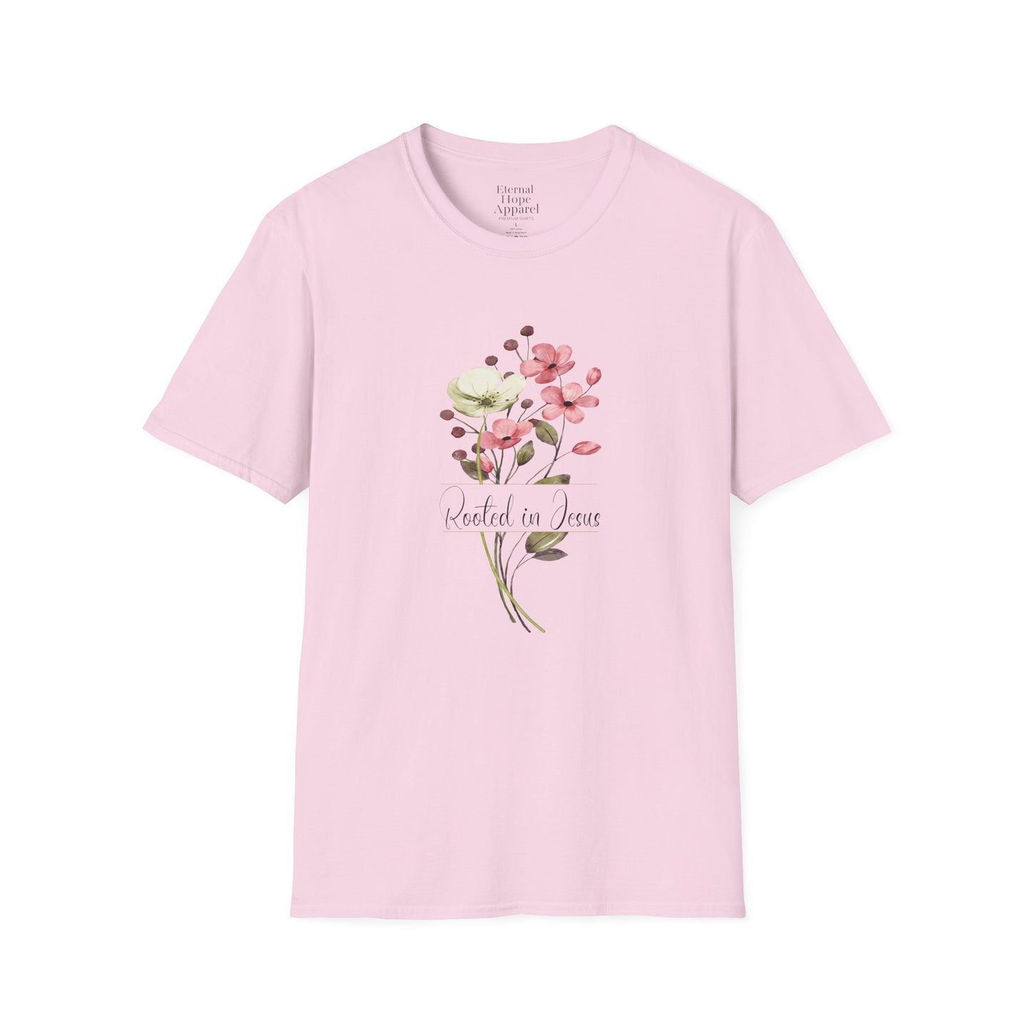 Rooted in Jesus Floral T-Shirt - Unisex Softstyle Tee for Faith and Comfort