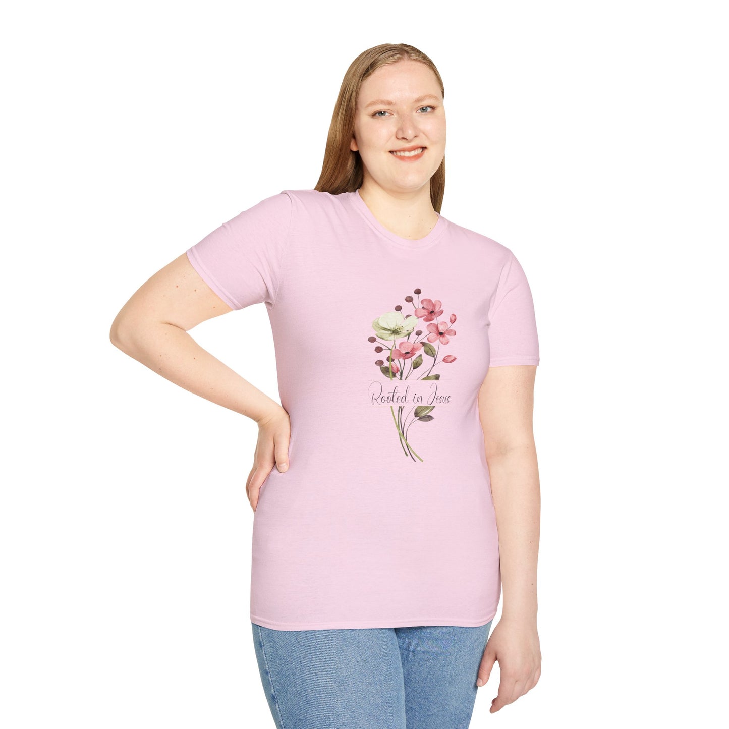 Rooted in Jesus Floral T-Shirt - Unisex Softstyle Tee for Faith and Comfort