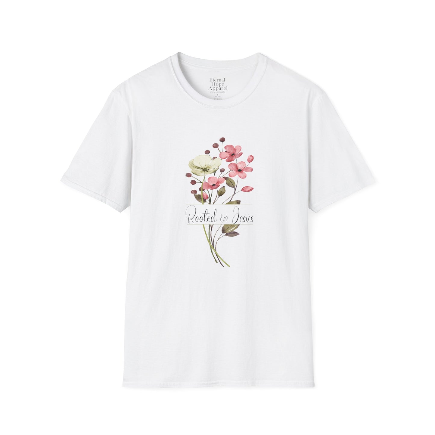 Rooted in Jesus Floral T-Shirt - Unisex Softstyle Tee for Faith and Comfort
