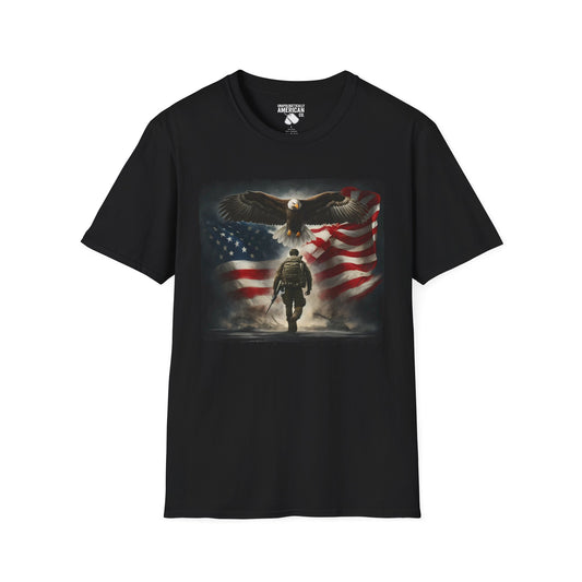 Patriotic Unisex Softstyle T-Shirt with Eagle and Flag Design