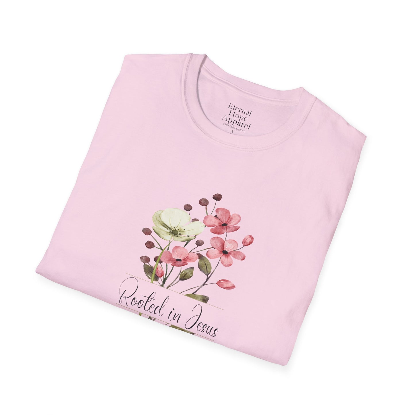 Rooted in Jesus Floral T-Shirt - Unisex Softstyle Tee for Faith and Comfort
