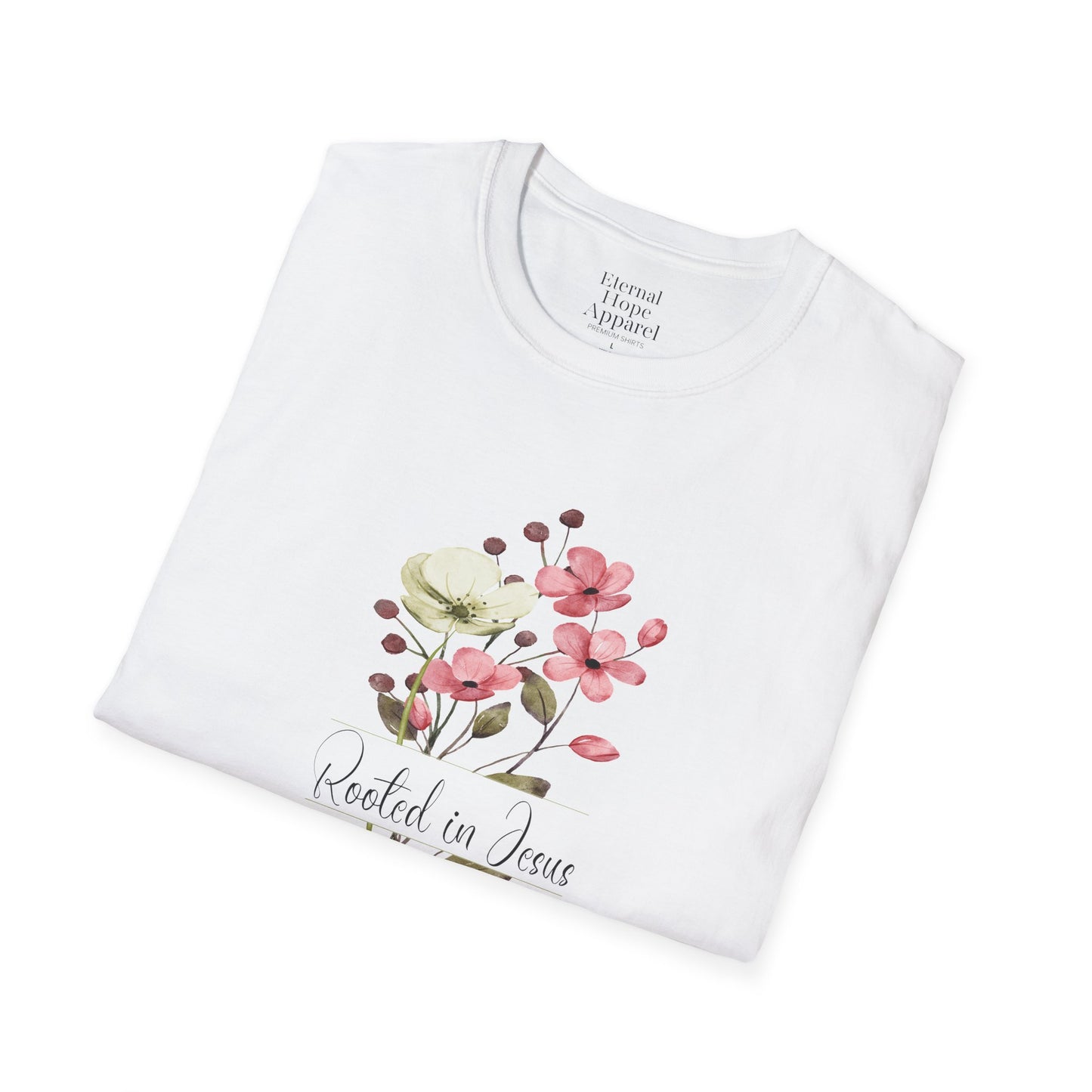 Rooted in Jesus Floral T-Shirt - Unisex Softstyle Tee for Faith and Comfort